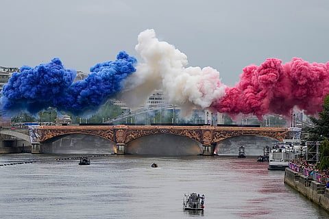 Ceremonial smoke in the colors of the France flag 